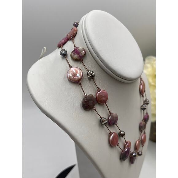 Margo Morrison Raw Ruby Crystallized Gray Pearl Pink Pearl Swarovski Necklace - Picture 3 of 8